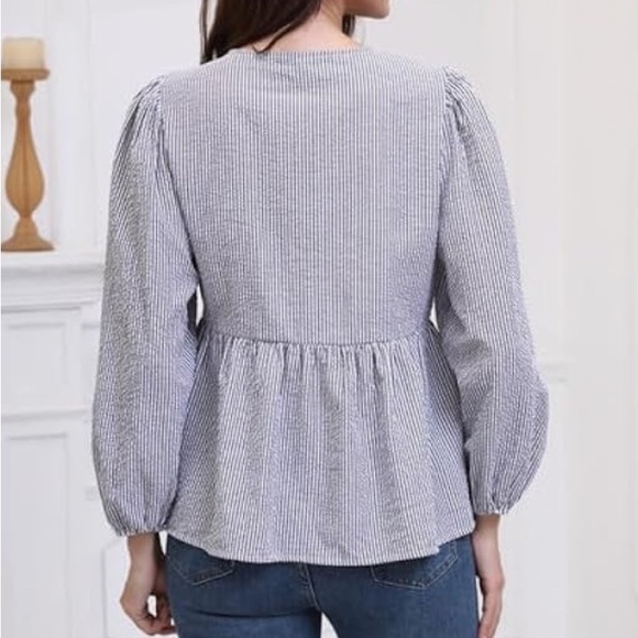 Mesoli Blue & White Striped Puff Sleeve Babydoll Peplum Blouse – Size XL - Picture 2 of 7